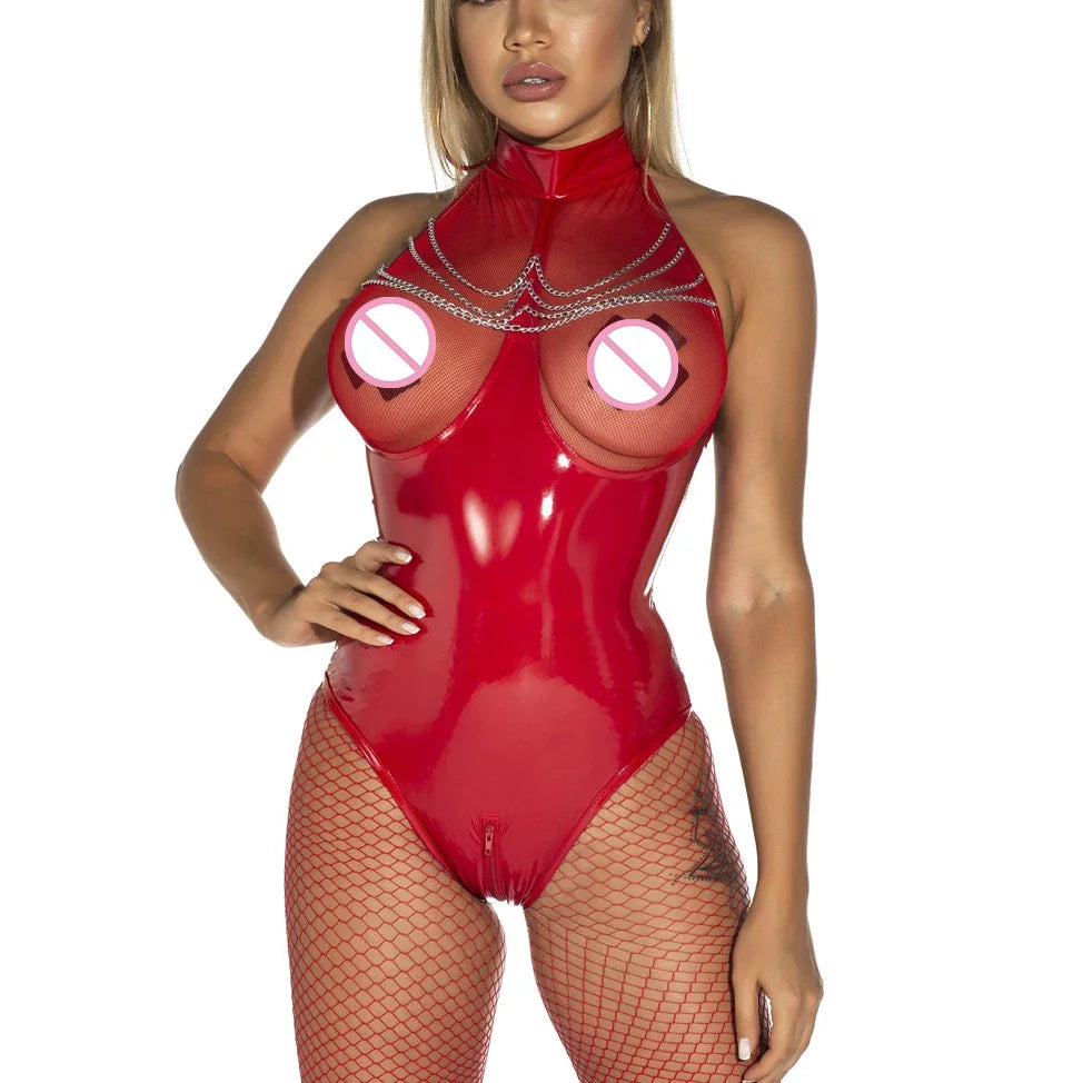 RED OPEN-CHEST LATEX BODYSUIT WITH CHAINS