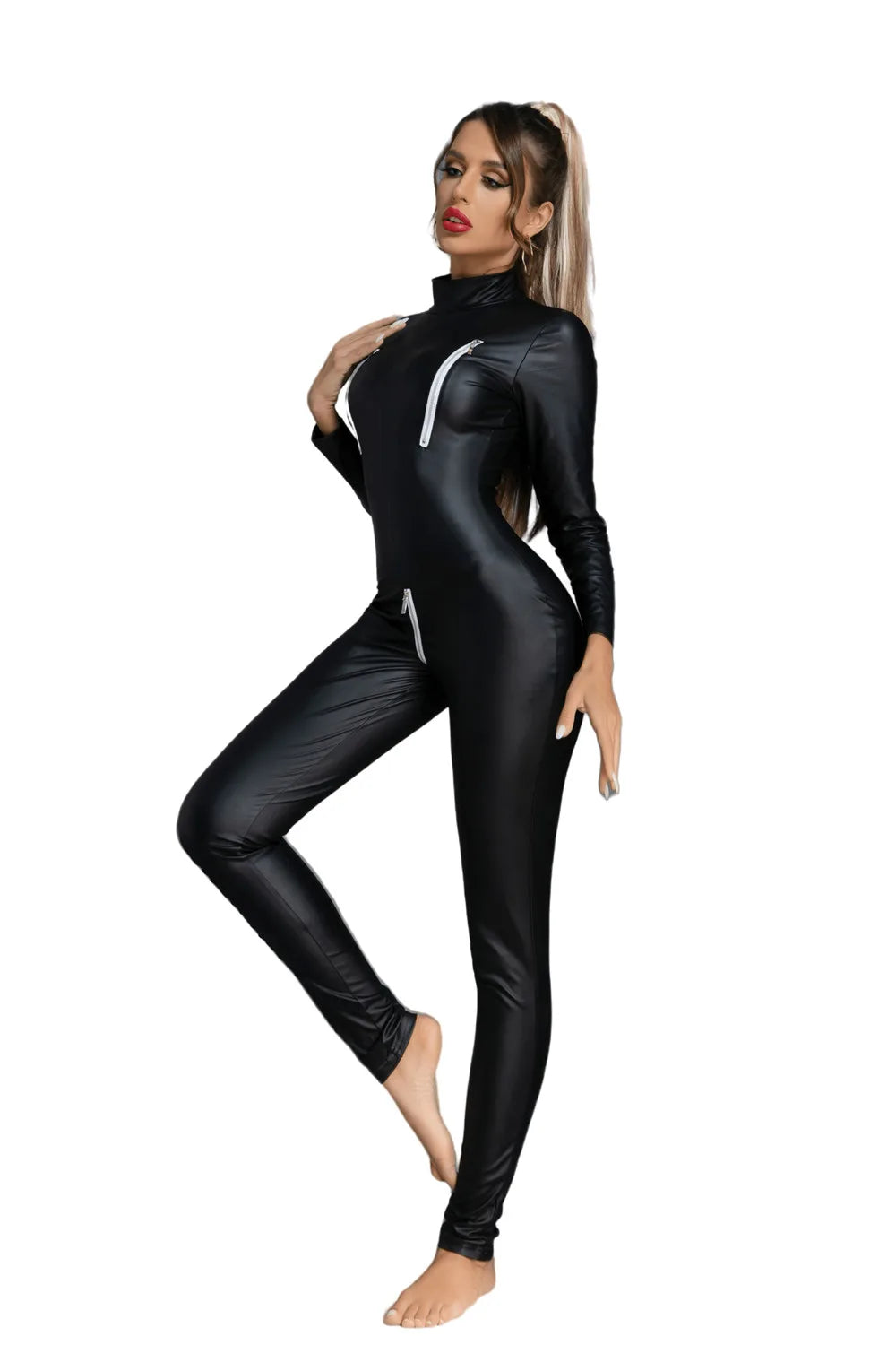 LEATHER CATSUIT WITH ZIPPERS