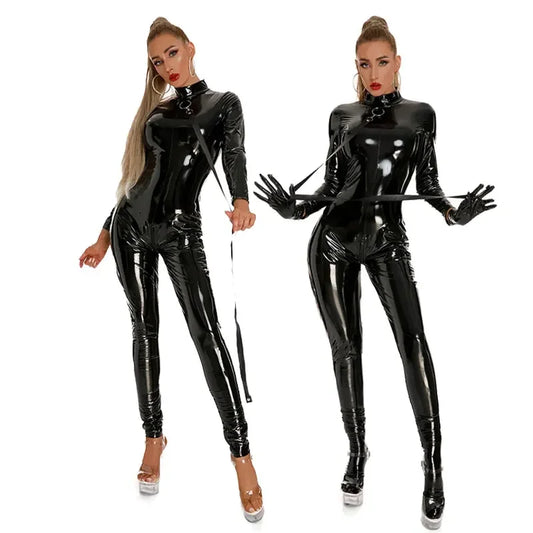 Women Black Shiny PU Latex Bodysuit Sexy Zip Open Crotch Catsuit Skinny Faux Leather Jumpsuit Clubwear PVC Latex Bodysuit